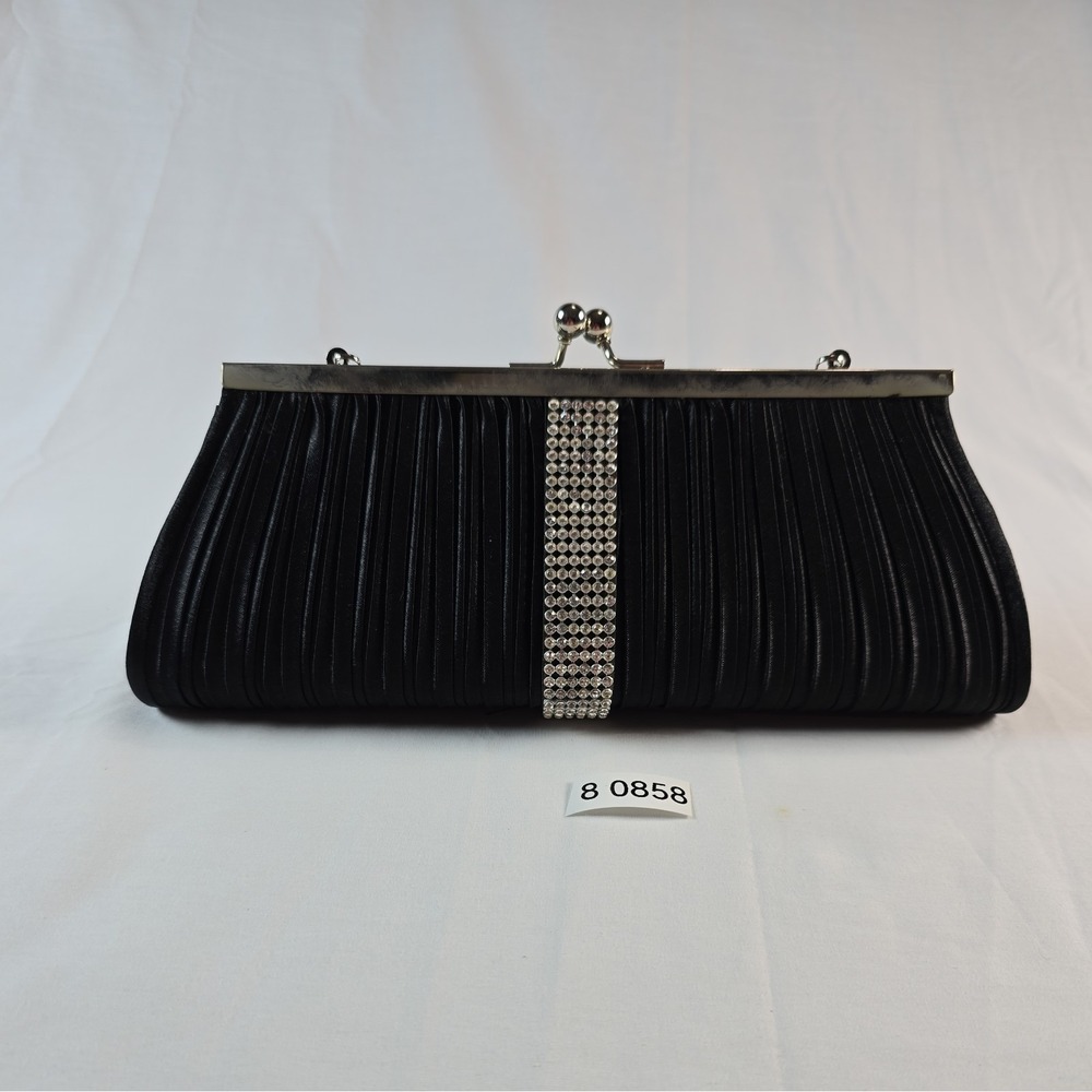 Black Pleated Rhinestone Embellished Clutch Evening Bag w/Detachable Strap